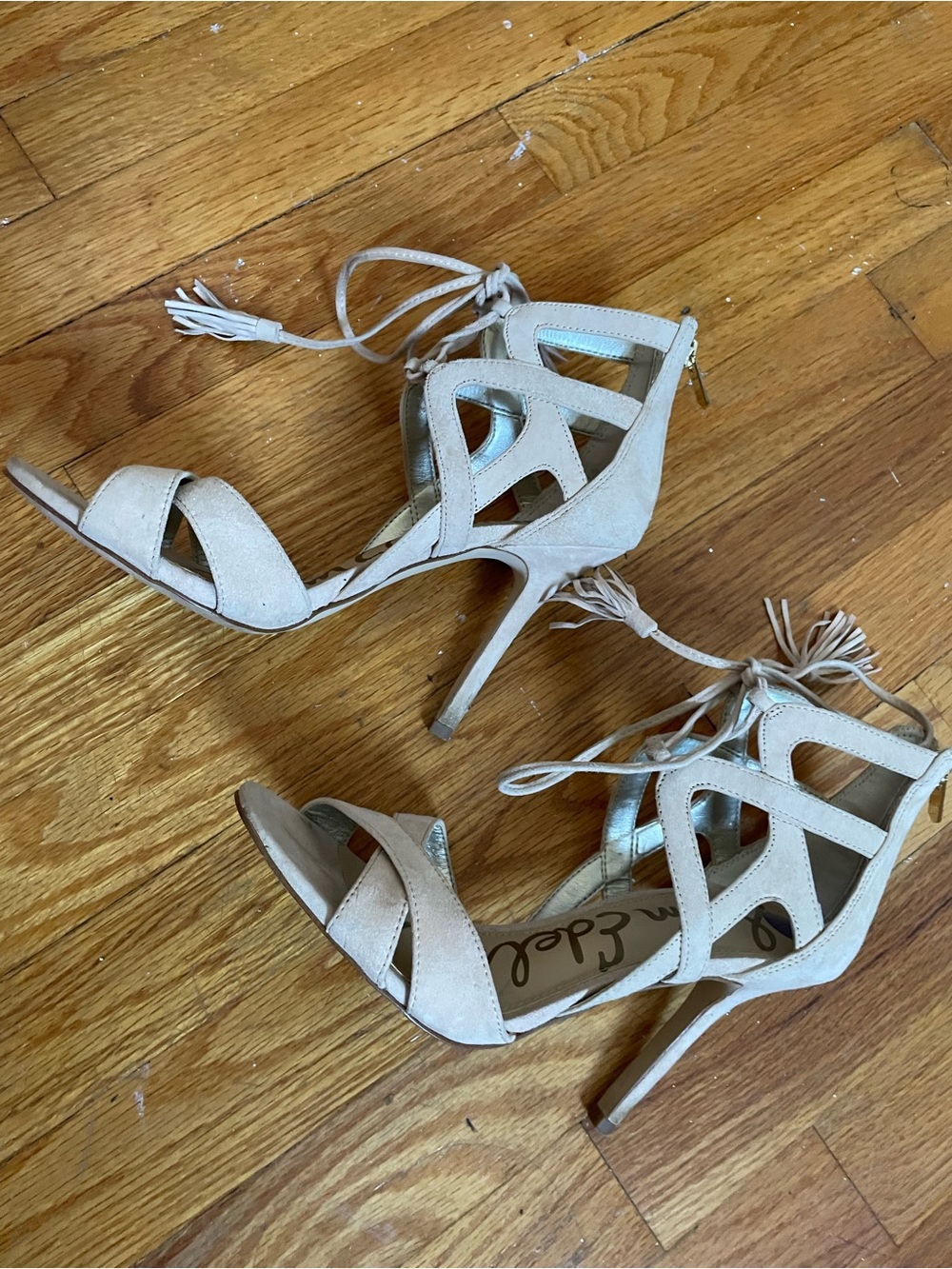 Sam Edelman Cream Suede Lace-Up Cutout High Heel Sandals
